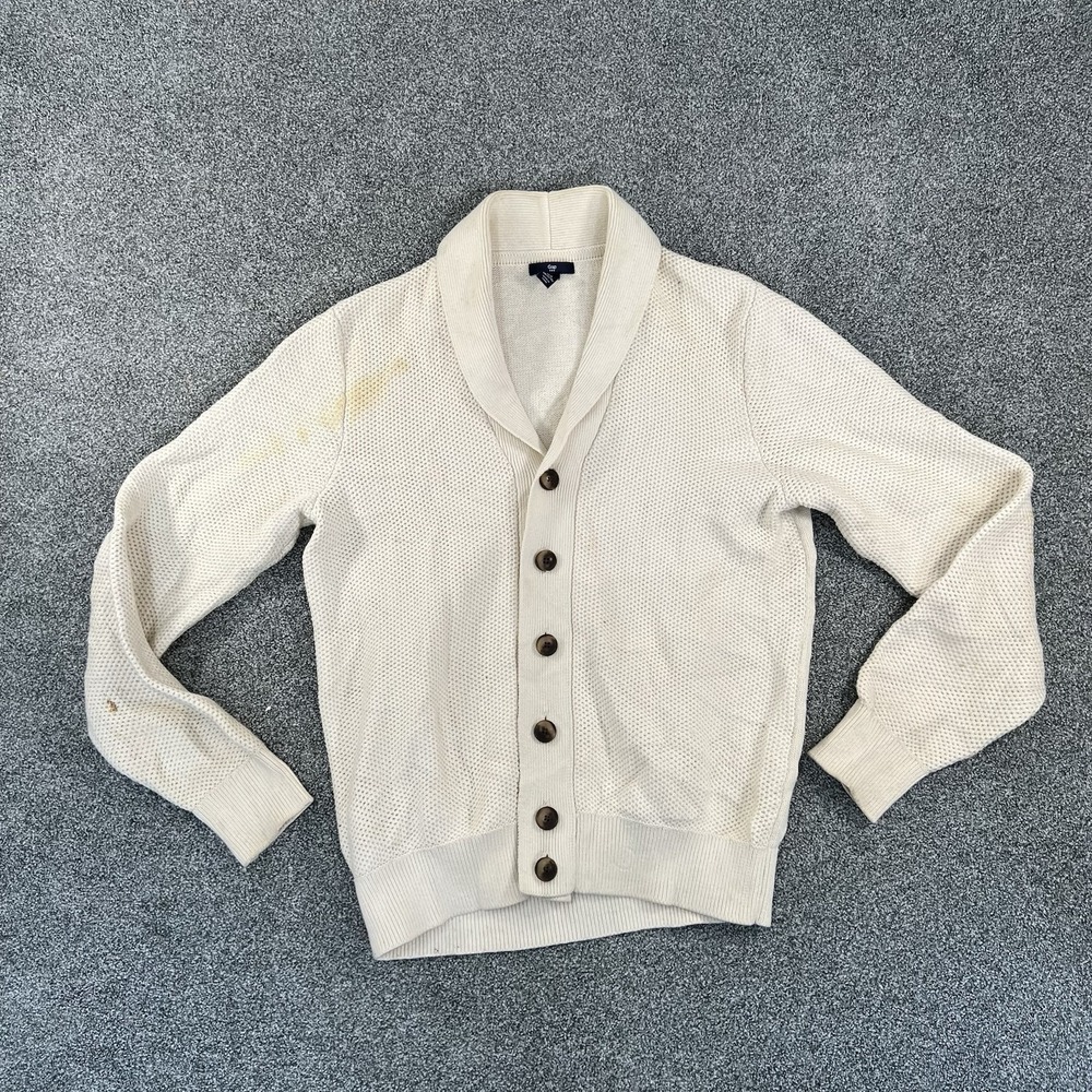 Gap Mens Medium Shawl Collar Cardigan Sweater Cream Button Front Knit Ivory